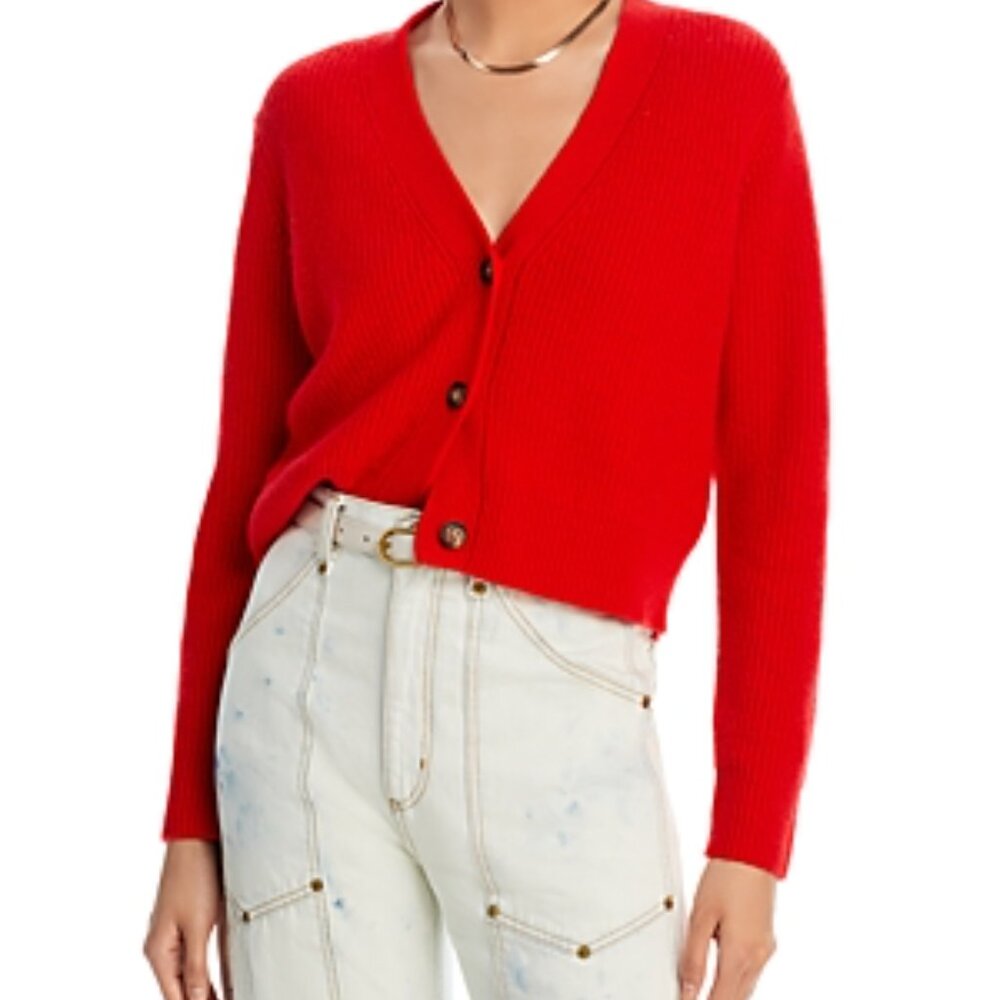 AQUA 100% Cashmere V-Neck Cropped Cardigan in Red Womens SM